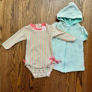 Ruffle Butts Rainbow Striped Swimsuit and Aqua Coverup Set